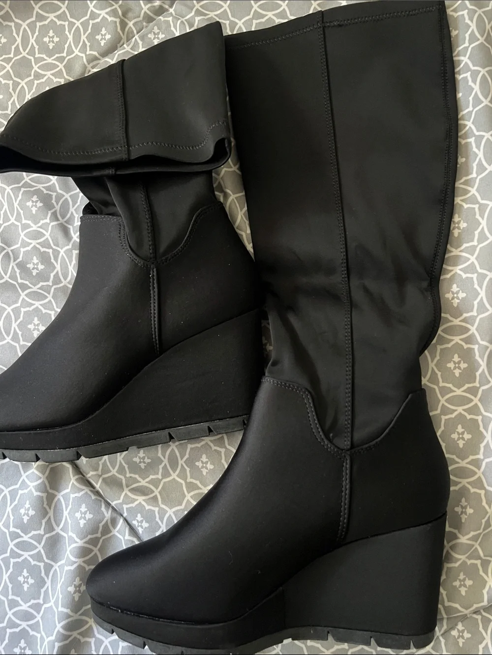 Classic Black Wedge Knee-High Boots - Women